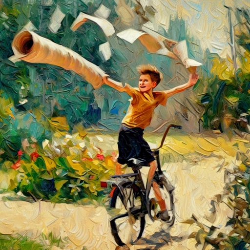 Jongentje dat op de fiets de krant Financieel Dagblad (FD) bezorgd. Tekening in de style van Van Gogh!
