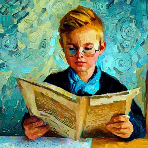 Jongentje dat een Krant aan het lezen is. Vind hier uw beste krant aanbieding. Wij hebben alle acties van kortingen en cadeaus bij uw krant op een rij gezet. Painting is in Van Gogh style