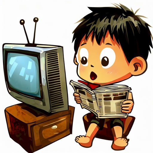 grappige plaatje van jongetje dat de vara televisiegids aanbieding leest voor een oude televisie.