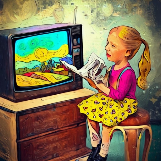 KRO televisiegids aanbiedingen, meisje zit voor een oude televisiegids en leest de KRO tv-gids