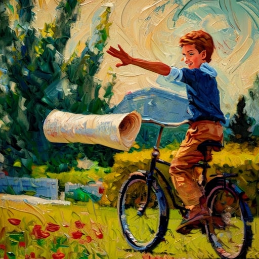 Jongentje dat de LC Leeuwarder Courant Proefabonnementen aan het bezorgen is op zijn fiets. Hij gooit de krant in de voortuin. Van Gogh style plaatje.