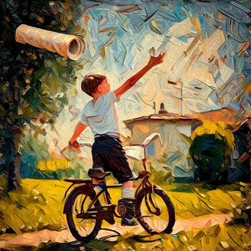 Tubantia krant proefabonnement aanbiedingen. Van Gogh Style plaatje. Jongentje dat op de fiets de krant bezorgd en neer gooit in de tuin.