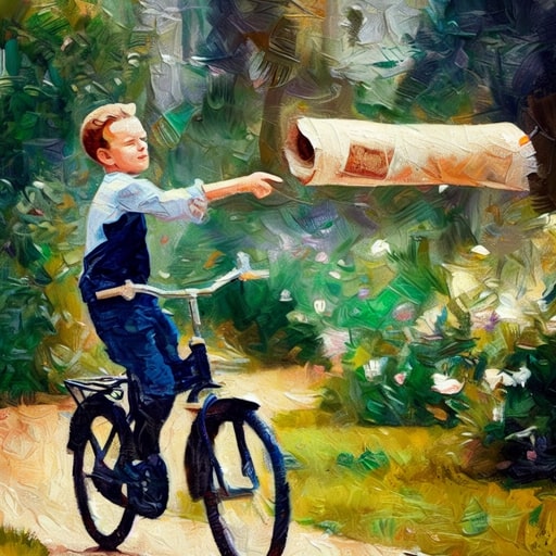 Jongentje dat op de fiets de Limburger proefabonnement krant bezorfd met op de achtergrond het schilderachtige landschap van Limburg. van Gogh style plaatje gegenereerd door AI